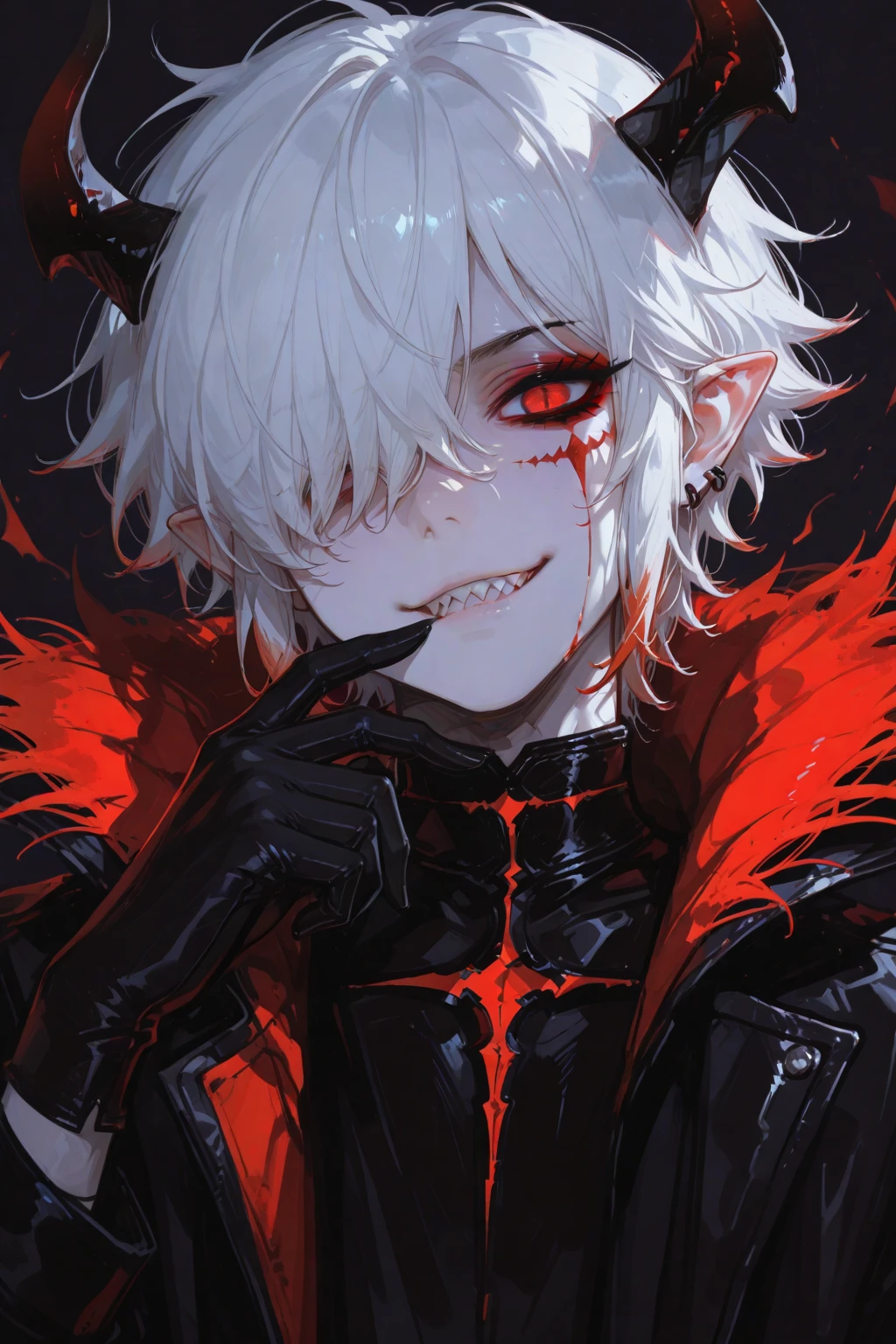 (Dark environment:0.8),cel shading,巨作,Best Quality,12K,Rich in details,Top Clarity,Castles,Wax candles,Magma,Flame,Shades of red and black,Vampire Boy,Shota,Demons,Dragonhorn,spine,dragon wings,The Cursed Satan.,Baktoth,Short snow-colored hair,Blood-colored pupils,Vertical pupils,detailled eyes,Cloaks,jacket,trousers,Fin ears,tentacles,big sword,Blood