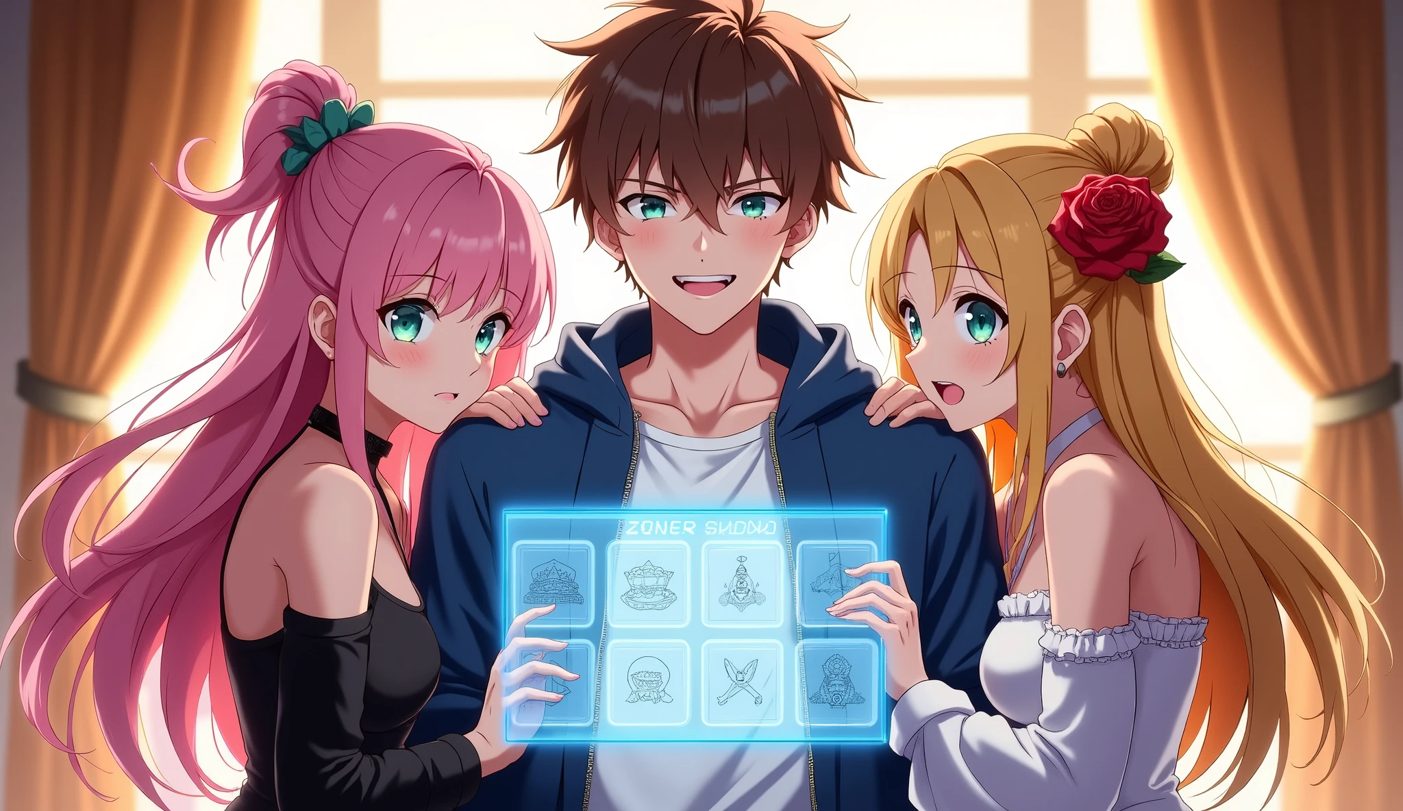 Create a vivid anime illustration with three characters in a luxurious interior setting. The scene takes place at Modern College. The setting is bright .
In the center is a 25-year-old young man with brown hair sticking out and bright turquoise eyes. he smiles angrily, . He is wearing a casual blue zipped sweatshirt over a white t-shirt, expression is lively and enthusiastic. a rectangular holographic panel, translucent , glows bright blue, with with the magic smoke around her. hovers in the air above his right hand. The panel contains six square maps with black and white sketches of powerful magical or combat skills. Each card has a thin, the shining frame.
To his left is a 25-year-old young woman with long, with flowing pink hair , that falls in soft waves to the waist. She has the same turquoise eyes and his gentle, affectionate smile. She is wearing an elegant black shoulder strappy dress, emphasizing her elegant figure and her . Her left hand hugs the guy's shoulders, and his right hand gently holds his left hand.
To the right of the guy is a 25-year-old blonde woman with hair, collected in an elegant high bun, decorated with one red rose. She also has turquoise eyes and a light blush on her cheeks, and there is a warm. She is wearing a white shoulder less top with ruffles and a black skirt, smile on her face that makes her stylish, but a playful look, girl has . Her right hand lies on the guy's shoulders, and his left hand holds his right hand, , repeating the pose of a pink-haired girl.
. All three are standing close to each other, their hands are woven in front of the guy, creating a feeling of unity and tenderness. The overall atmosphere of the image is warm, romantic and joyful, with a soft golden glow, emphasizing the intimacy of the moment. The style should be detailed and colorful, with flowing shadows and an emphasis on the characters' expressive faces and dynamic poses.