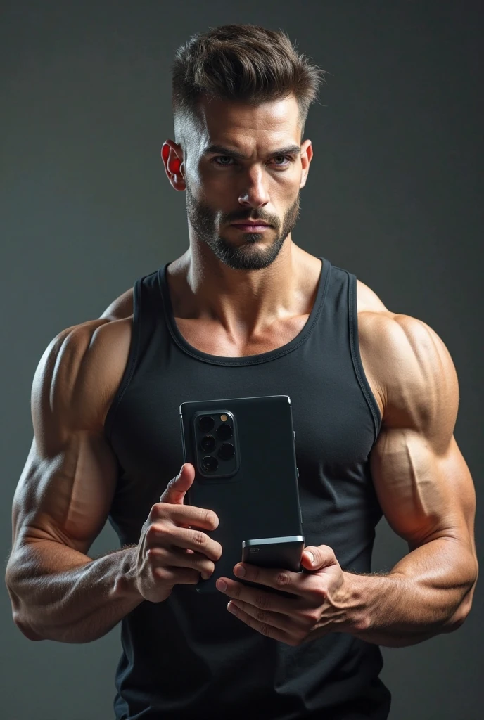 Generate a photo of a 1 bodybuilder hiding face with phone Indian