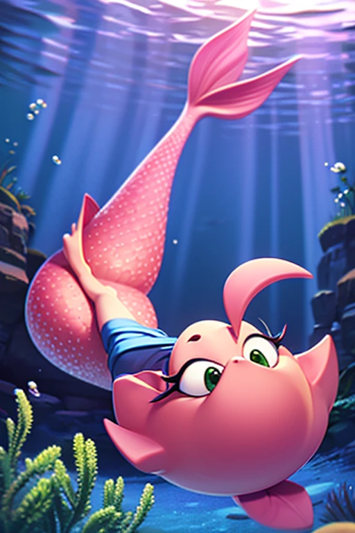 masterpiece, best quality:1.2), 1girl, smile, looking at viewer, purple eyes, blonde hair, mermaid, mermaid girl, wearing purple seashell bra, sitting on beach, pink mermaid tail, outdoors, 