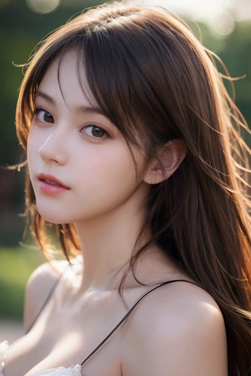 (bestquality, Realistic: 1.3), 1girl in, Middlebox, Light brown hair, blunt bangs, hair behind ear, hair over shoulder, long-haired, Slender Figure, ultra-fine face, Sensitive lips, beautidul eyes, Thin blush, The eyes are light brown........, Perfect glossy skin, Flawless skin, Glittering sweat, See here........, Ultra-thin hands, Ultra-fine fingers, best ratio four fingers and one thumb, (reality:1.3), finger extension, white blouse, White short skirt, super model legs, flat. , Eye-Level Shot,  chesty, 10,Broadleaf forests (environment, in a city in France) (Random costumes,Random clothing color)