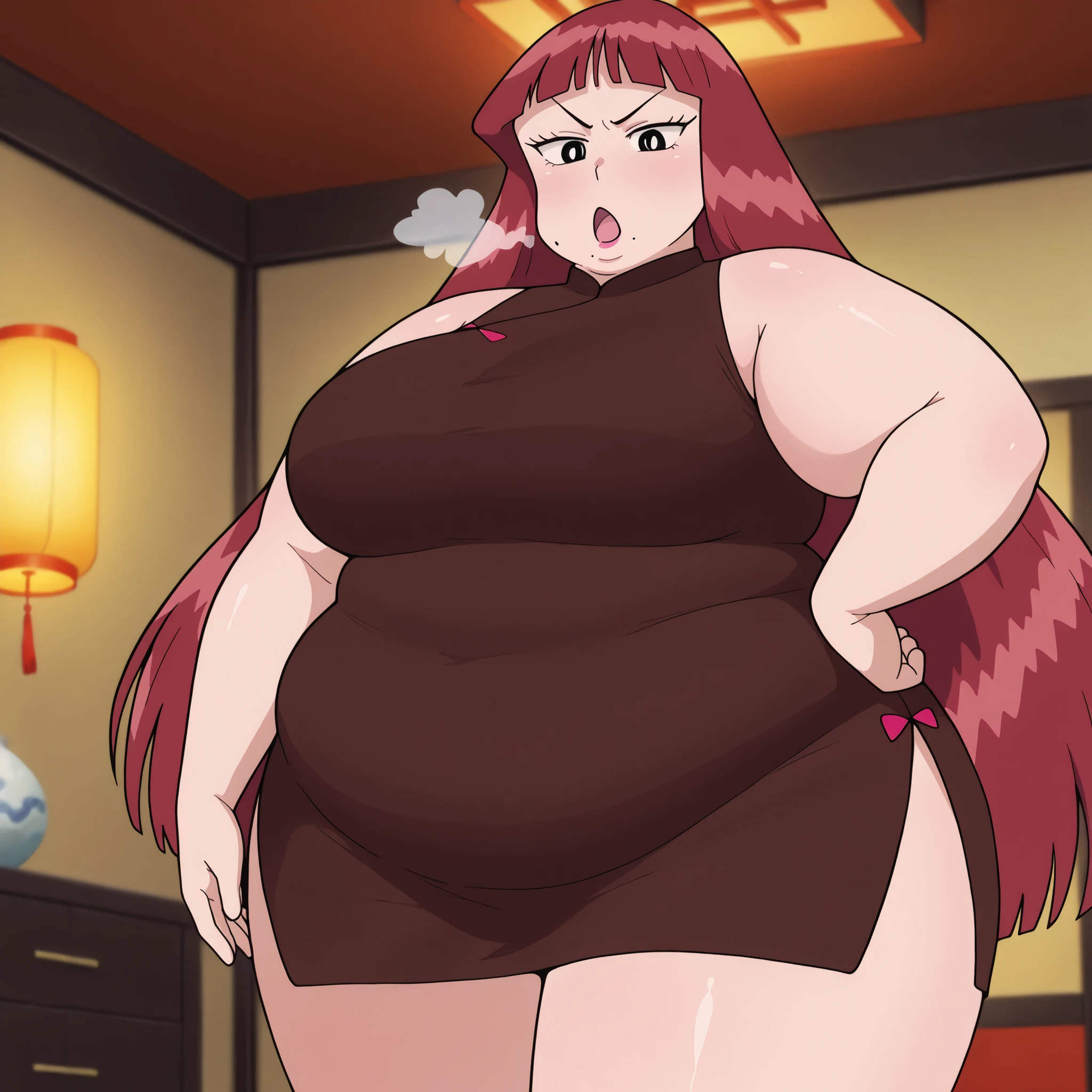 Artist: Tritinity-Fate, Yoko Littner, big breasts, doughy belly, red hair, bbw, looking at viewer, bedroom, bikini, fat girl, fat rolls, very obese, pov, getting very fat, fat like a whale