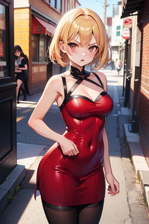masterpiece, best quality,8k wallpaper, blue eyes, kousaka honoka, breasts , (plain red bodysuit),in street , solo, earrings , blushing , night , smile,:D, one eye closed , navel , spoken heart, vertical cutout
