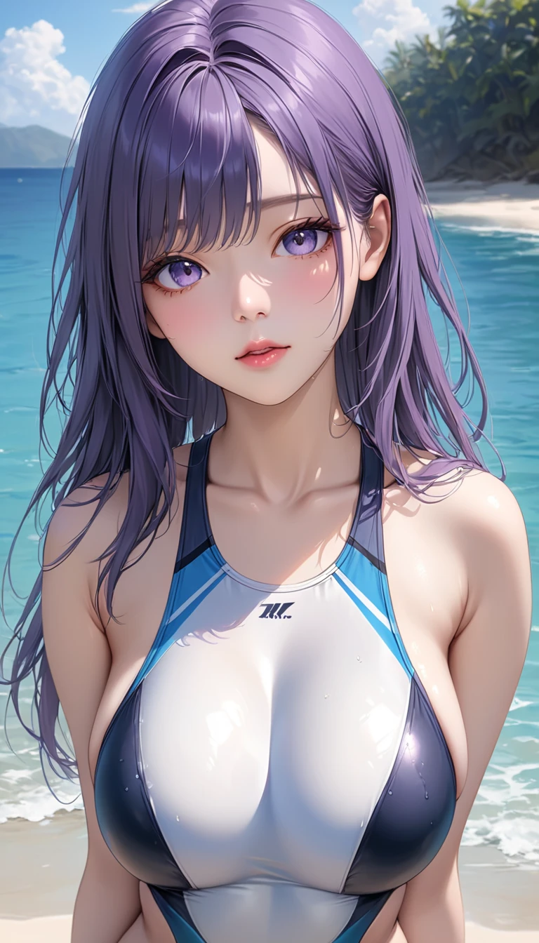 masterpiece, high resolution, beautiful woman, Korean Beauty, 30 years old, purple bikini, beautiful woman, pool, standing and looking at me, (high resolution face), (high resolution eyes), sexy face
