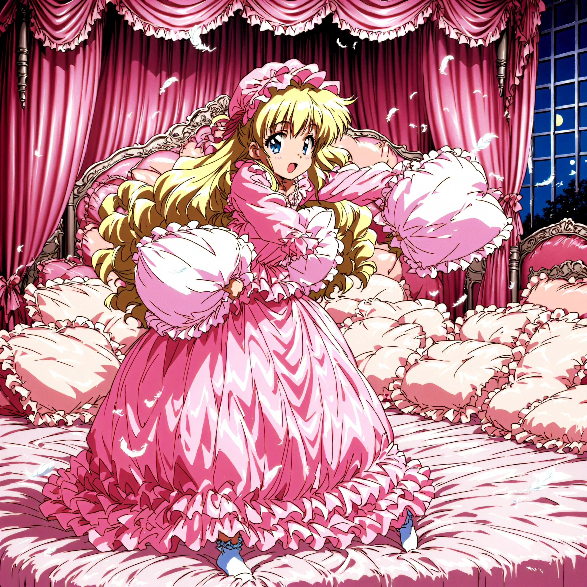 ((1990’s style anime:1.2)), anime colored, high resolution, ultra detailed, hi-vision anime ,official art,100-layer,((cute girl on a big bed)),((As a child )),((Little Girl)), ((little girls pillow fighting on the bed,pillow fight:1.2,)),they have a frilled silk satin pillow,((lot of white feather flying,detailed realistic feather:1.0)),short body height,((white-skinned American, blue eyes, Long blonde,detailed faces)),cute face,plump quilted pink silk satin nightgown,((lots of ruffles and ribbon decorations)),long sleeve,Ruffle sleeves, ((long skirt:1.4)),white socks,Big Bed with Lots of Pink Silk Satin Cushions,pink cute canopy bed , ,Four-poster canopy bed,King Size Bed,Bigger bed,pink silk satin ruffle plump quilt pillows,More pillows, pink silk satin soft comforter,round puffed comforter,Ruffle Lace Silk.retro white pipe bed frame, realistic,((Out of frame bigger King Size Bed:1.2)), silk satin curtain with ruffles ,