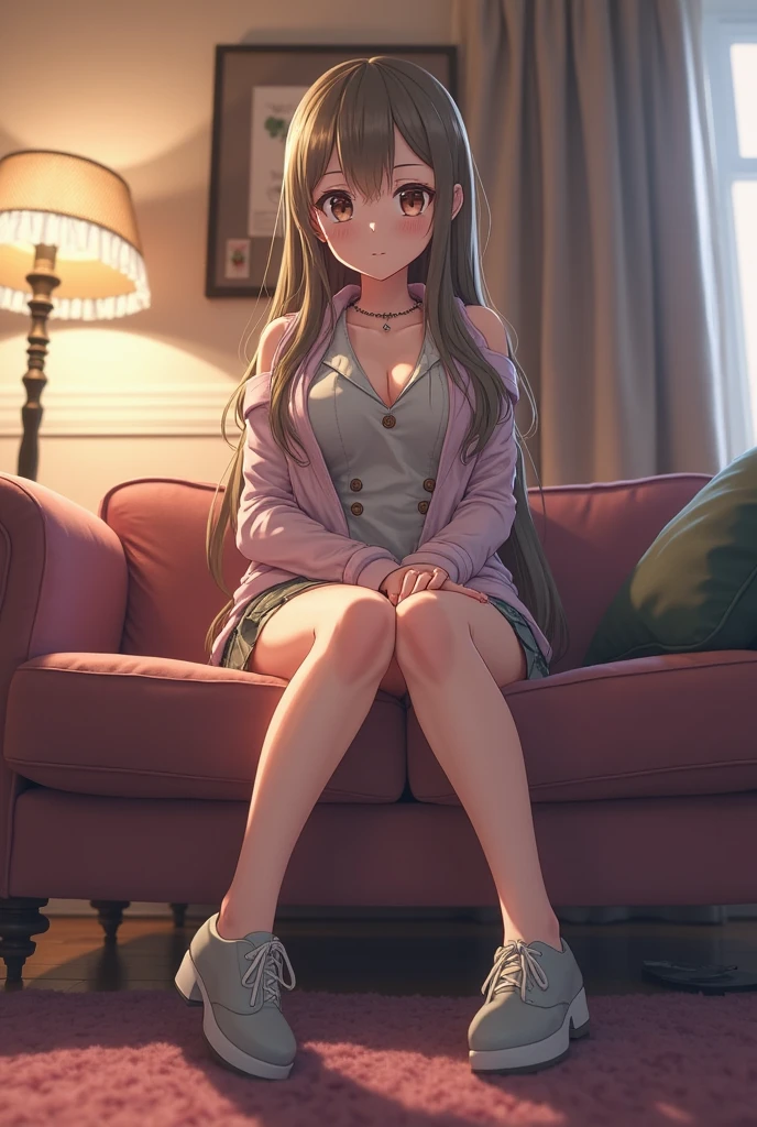 (1) there is one woman, She rolls up her skirt to show her beautiful legs,
(2) she is standing, I would like you to draw a picture of the whole body with legs visible.,
(3) The woman wears a blue V-neck knit and a black pleated miniskirt,
(4) her panties, slightly exposed, It is pink and has a flashy pattern.,
(5) The woman has medium-long brown hair., shining eyes, and provocative, grinning expression,
(6) The location is the living room of the apartment.,
(7) highest quality, High resolution, realistic pictures, realistic skin,