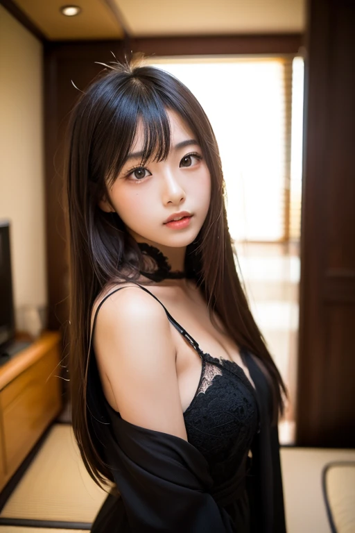 Best-quality, Masterpiece, Ultra-High-Resolution, (Photorealistic:1.4), Raw-Photo, Best-quality, Masterpiece, Ultra-High-Resolution, (Photorealistic:1.4), Raw-Photo, 1girl, 15-years-old, the most famous Japanese idol, face focus, ((extremely cute face like the most popular Japanese idol, (((extremely beautiful black big-eyes))), extremely beautiful hair)), extremely beautiful skins, extremely realistic skins, extremely beautiful long-eyelashes, extremely beautiful lips, extremely beautiful cleavage, innocent smile