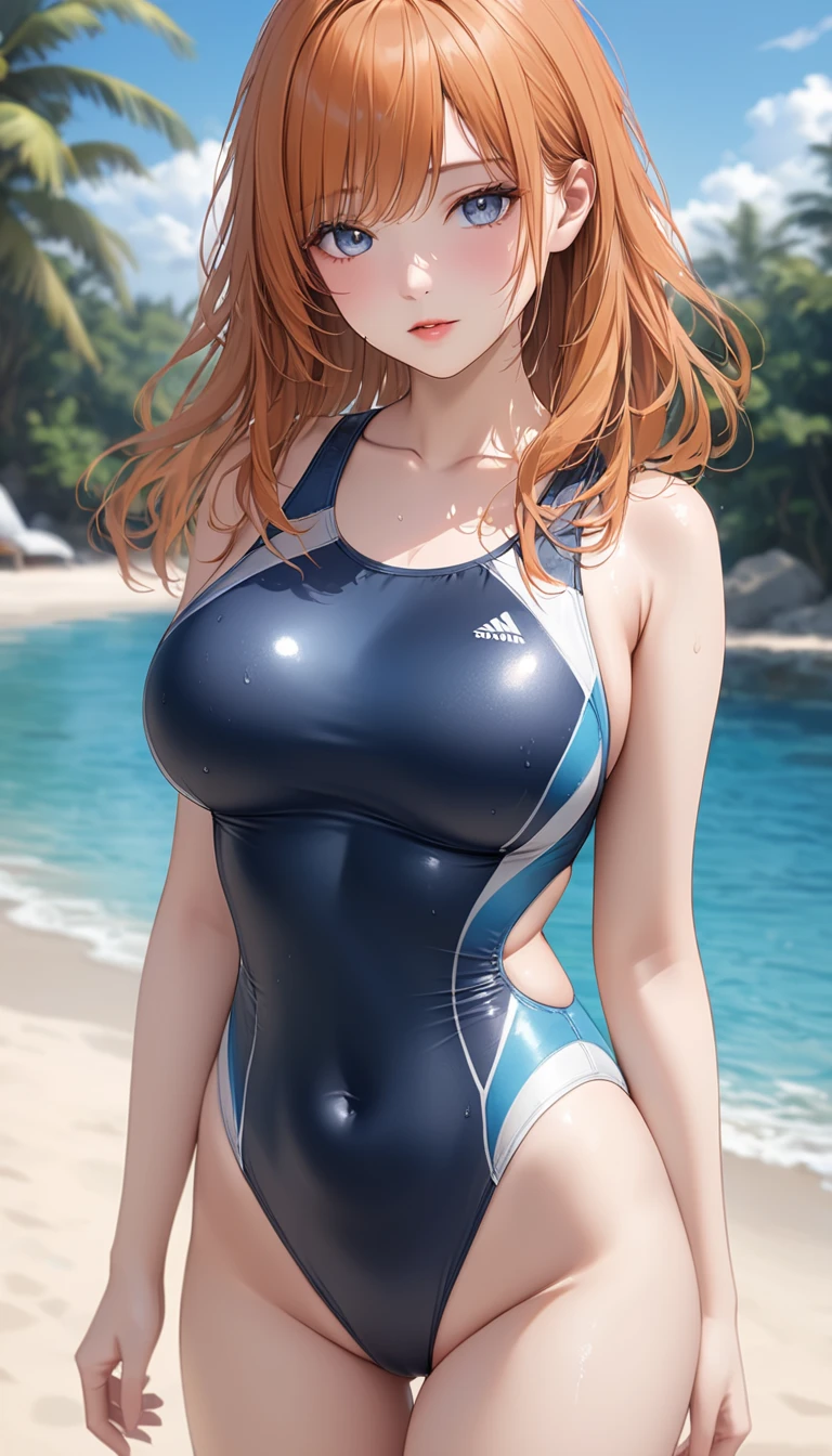 realistically、Super high saturation、8k、Long curly hair(((a 16 year old girl)))、((She is wearing an orange and navy blue turtleneck indigo swimsuit。)).、swim、Thighs are thicker、Pay attention to muscle development。、Various sexy pose swimプールround olympic 体操選手ics stadium 美しい顔, Highly detailed facial and skin textures, (Eyes have small wrinkles, double eyelids, thin eyebrows, glitter eyeliner: 1.2, natural cheeks, skin shiny, White skin,, (shiny lips: 1. 4),Sweating 1.0、(((vitality)))