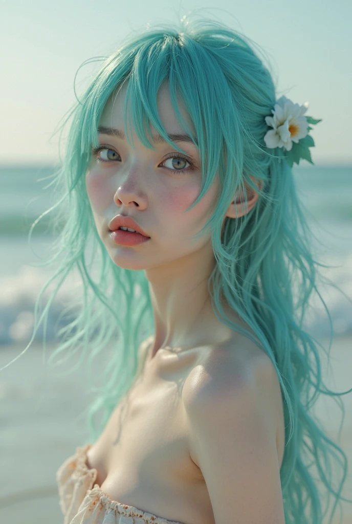 (((Topless beautiful model))),topless white bikini, lie down on the beach by the sea, melt into the white waves, Medium Hair, Light emerald green hair, Fish hair ornament, Heart-shaped pupils, Heart Earrings, Heart in Eye, Satellite Imagery, Satellite Imagery, Ray tracing, Stereogram, Satellite Imagery, Mastepiece,nswf,Spread your legs wide,Emerald Green Sea