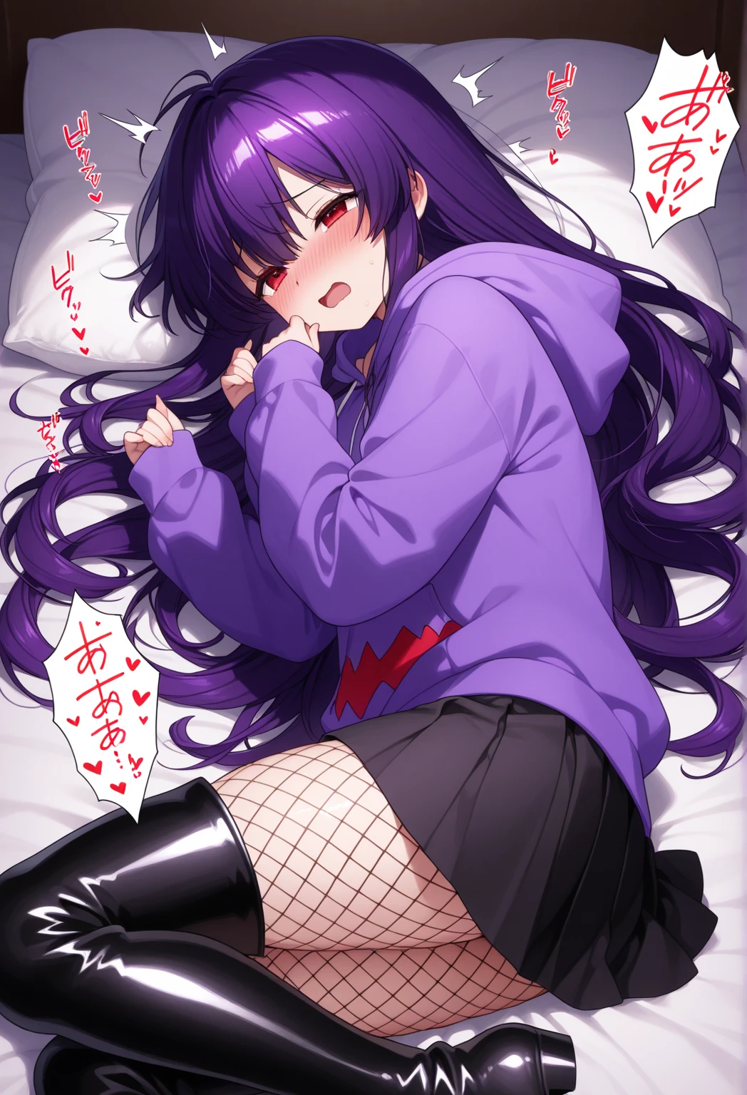 Huangquan、Lying down、She is embarrassed with a cool expression.、She spreads her pussy with her fingers and shows off her vagina.、Purple Hair、Grown-up older sister、Long Hair、