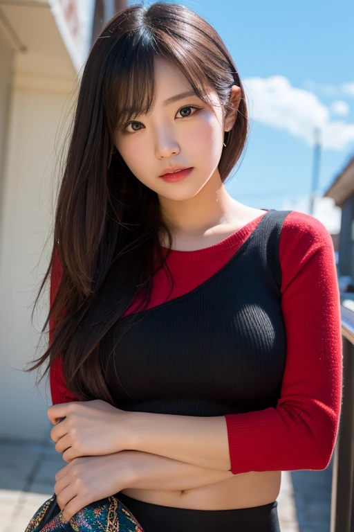 cowboy shot,
1girl, jirai kei,red shirt, black dress,
korean,arm tattoo, street,