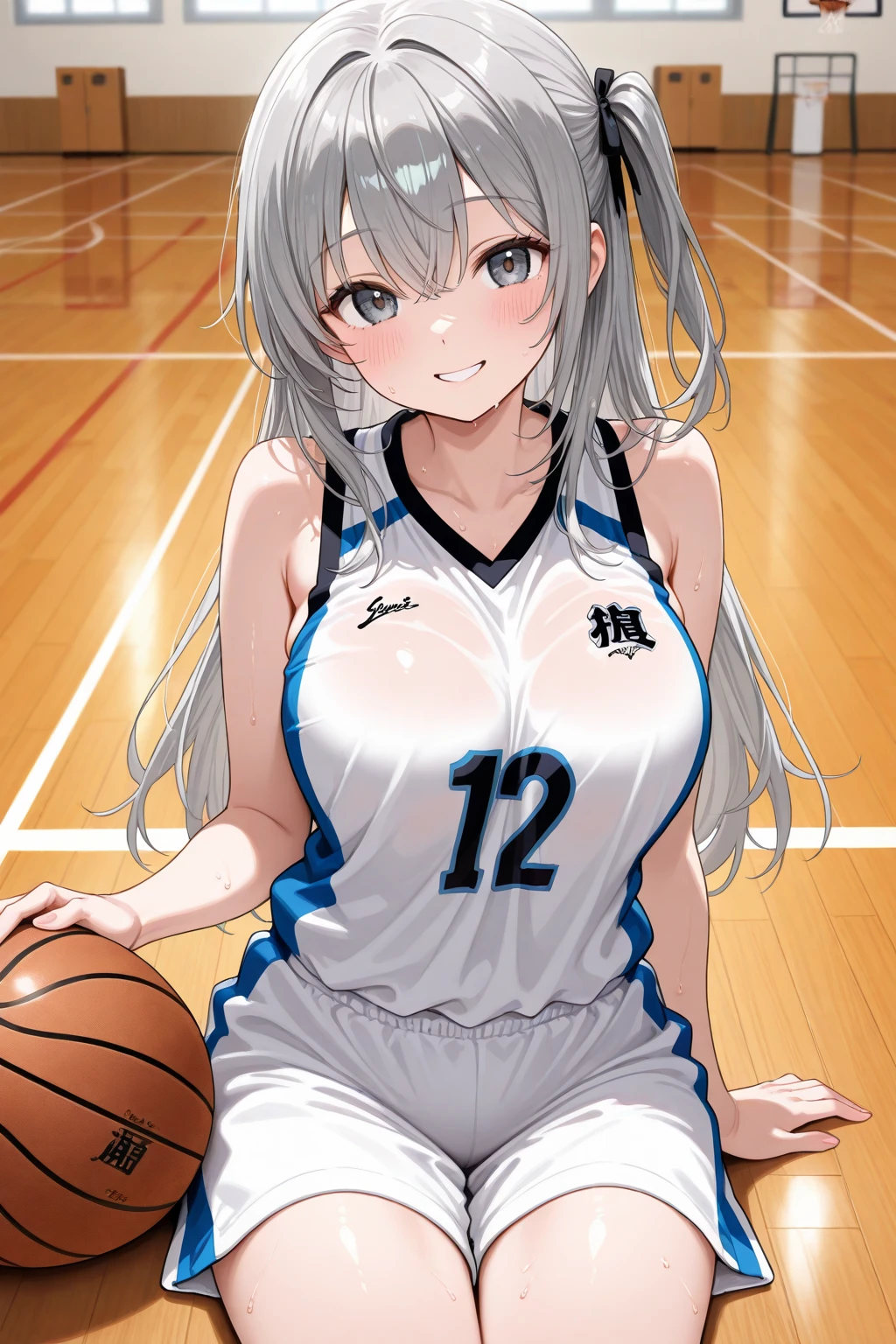 (masterpiece,highest quality,超A high resolution),japanese woman, (((Very beautiful 25 year old girl))), pretty girl、look at the photographer、 (()), super cute face, glossy lips, double eyelids in both eyes,natural smile、 natural makeup, long eyelashes, Shiny and smooth hair、center image, perfect limbs, perfect anatomy,(((basketball sleeveless uniform)))、,(wet with sweat),,turn around and look back,basketball court,See-through