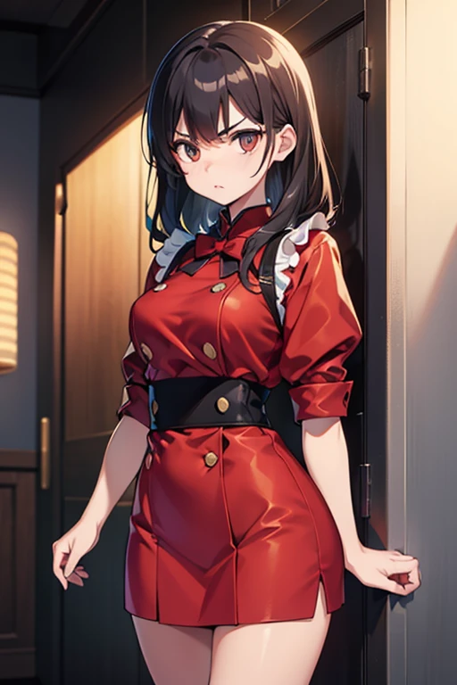 ((best quality)), ((masterpiece)), (detailed)),masterpiece, best quality, dress, skirt, shiny fabric, silk dress, red dress, red top, transparent black full sleeved fabric, dark brown hair, ponytail, long bangs, long hair, red eyes, black pantyhose, medium thighs, looking at viewer, more detail XL, standing, white panties, panties under pantyhose, pantyshot, cowboy shot, from front, pink lips, indoors, light smile, scenery, (negative_v2 Color_Balance_Calibration:0.8)0