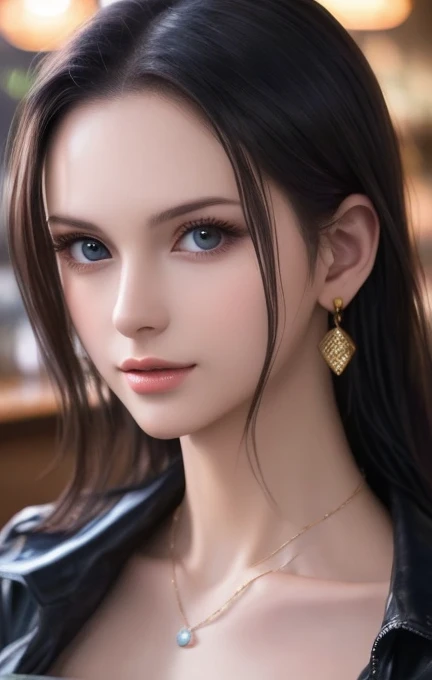 Top Quality, Ultra High Definition, (Photorealistic: 1.4), (Detailed Beautiful Girl: 1.4), (Medium: 0.8), looking_at_viewer, Detailed Facial Details, Beautiful Detailed Eyes, Blue Eyes, Slender, Unforgettable Smile, (Makeup: 0.3), Red Lips, Highly Detailed Clothes, (ulzzang-6500-v1.1: 0.3), Best Quality, White Skin, Real Human Skin, ( Detailed), Oval Face, Pore, Ultra High Resolution, (8k, RAW Photos, Photorealistic: 1.4), One Woman, Slim, (Gentle and Goddess-like Eyes) Happiness: 1.2), (Lip Gloss, Eyelashes, Clear Double, Transparent Eyes, Gloss Face, Top Quality, Ultra High Definition, Wide Lighting, Natural Shading), Random Outfit, Oversized jacket, fashion shirt, white background, light background, big breasts, gloss on chest, gloss on face, gloss on skin, glossy skin, fresh breeze, straight hair, short bob hair, bangs, long neck, choker