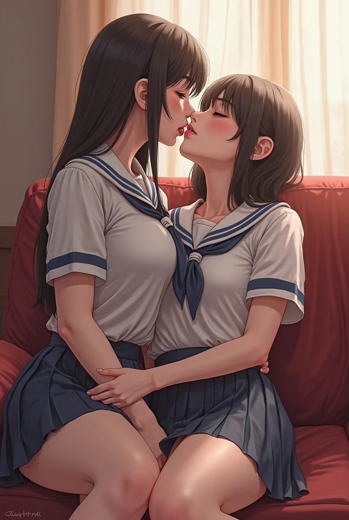 (Masterpiece: 1.4), two girls, kissing, school uniform