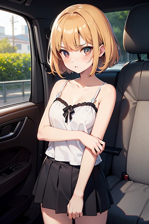 masterpiece, absurdres, best quality, ultra detailed, high Resolution, detailed illustration, bright colour, (extremely beautiful detailed face and eyes, Delicate beautiful face, 1 girl, cute face:1.3), (magenta eyes:1.1), sparkling eyes, big eyes, medium breasts, (perky breasts:1.1), (pointy breasts:1.1), medium hips, glamorous body, white skin, BREAK, long bob cut, (blonde hair:0.8), messy hair, detailed hair, shiny hair, BREAK (strapless casual blouse, down blouse:1.5), perfect lighting, (embarrassed:1.5), (ecstasy, vulgarity:1.5), (trembling:0.8), In the car, Massage the breasts, 