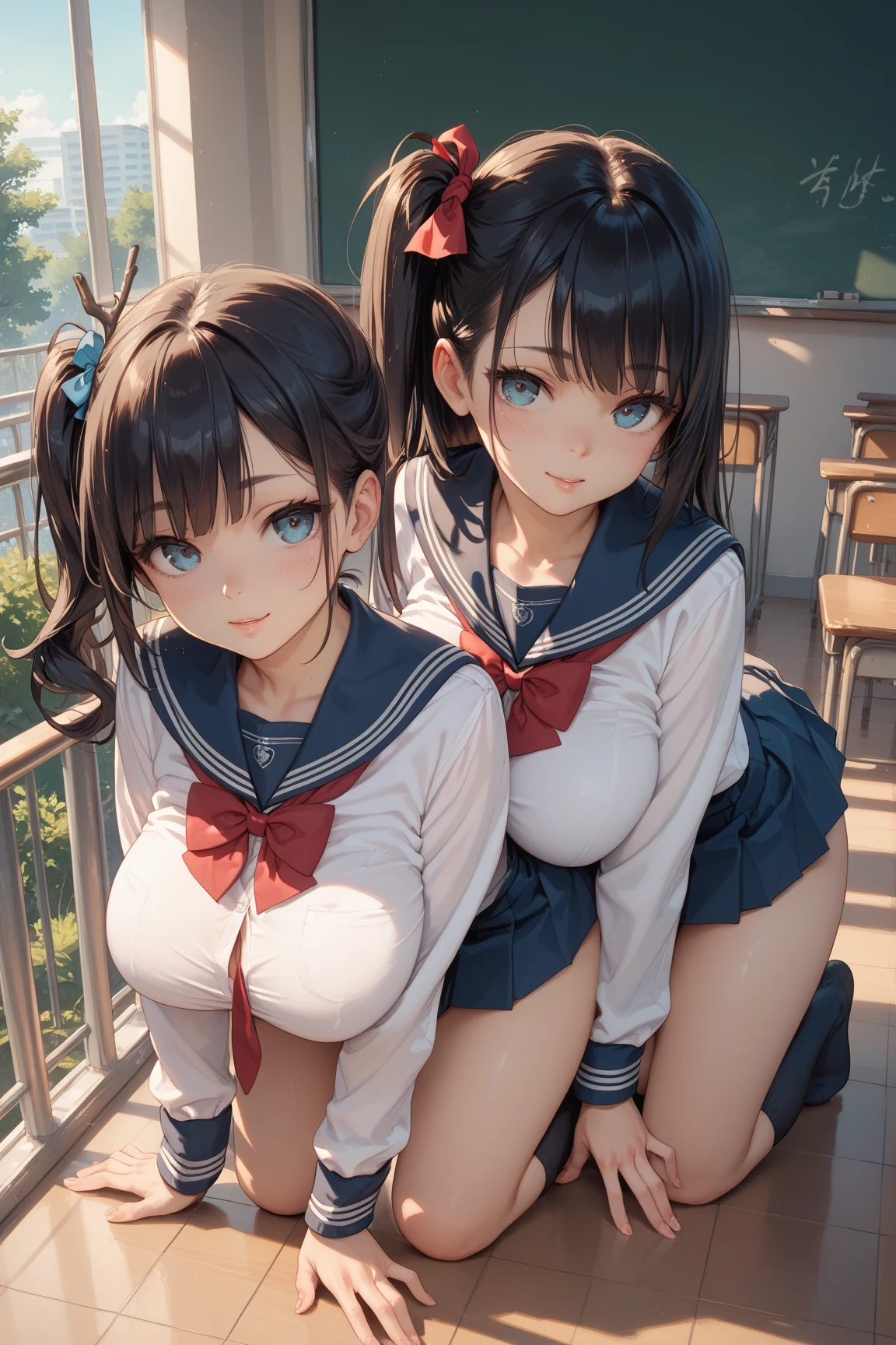 ​masterpiece、超A high resolution、(Photorealsitic:1.4)、Raw photo、hi-school girl、Twintails with black hair、glowy skin、Dramatic Writing、white swimwear、huge-breasted、(top-quality, ​masterpiece:1.2), (huge-breasted:1.3), Long breasts, (hanging breasted: 1.3), (absurderes:1.2), (真实感:1.2)、blushing、skinny thigh、long legged、beautidful eyes、Classroom at evening