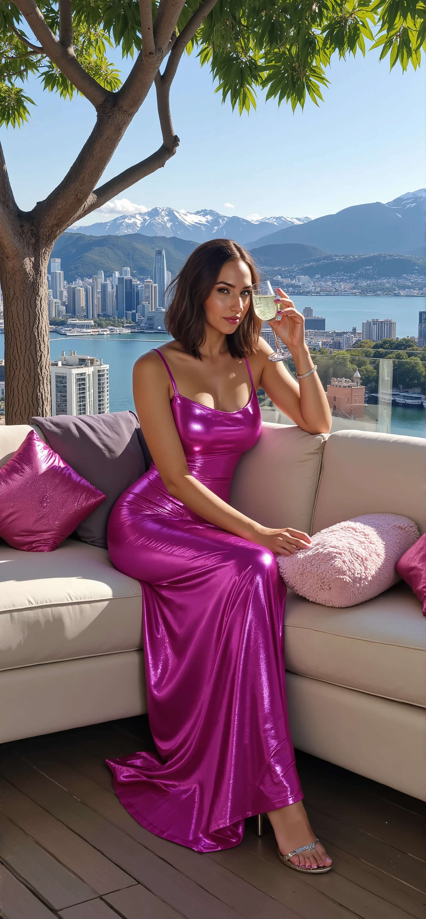 galgdt , Gal Gadot,hdr, realism, volumetric lighting, dynamic lighting, cinematic lighting, Sharp focus, ultra-realistic textures, masterpiece, sharp focus, 8k resolution, vibrant colors, cinematic energy, perfect hand, perfect fingers, perfect feet, perfect toes, five fingers, five toes, big firm breasts, cleavage, big round ass, slim waist, hourglass figure, light makeup, glossy lips, rosy cheeks, crystal blue eyes, big eyes, deep dimples, small sharp nose, an ultra photo realistic full body image of a beautiful 26 years old supermodel woman, shining metallic purple long dress, (erotic provocative sitting cross leg on a sofa pouring champagne into a glass poses:1.5), under a tree, leaf shade on face, bright sunny day, hillside mansion overlooking lake, snow tipped mountains, harbour, pier, sailboats, (hundreds of skyscrapers:1.5), 