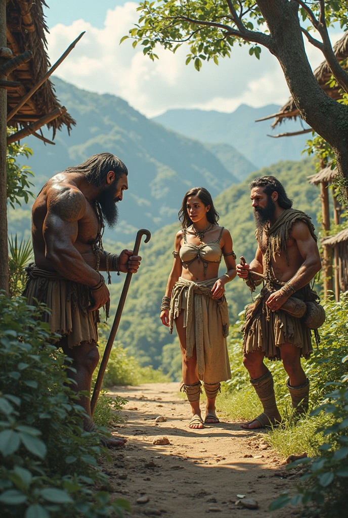 Primitive muscular man and woman coming out of a cave with a kettlebell in his hand,beautiful with a dumbbell in her hand

