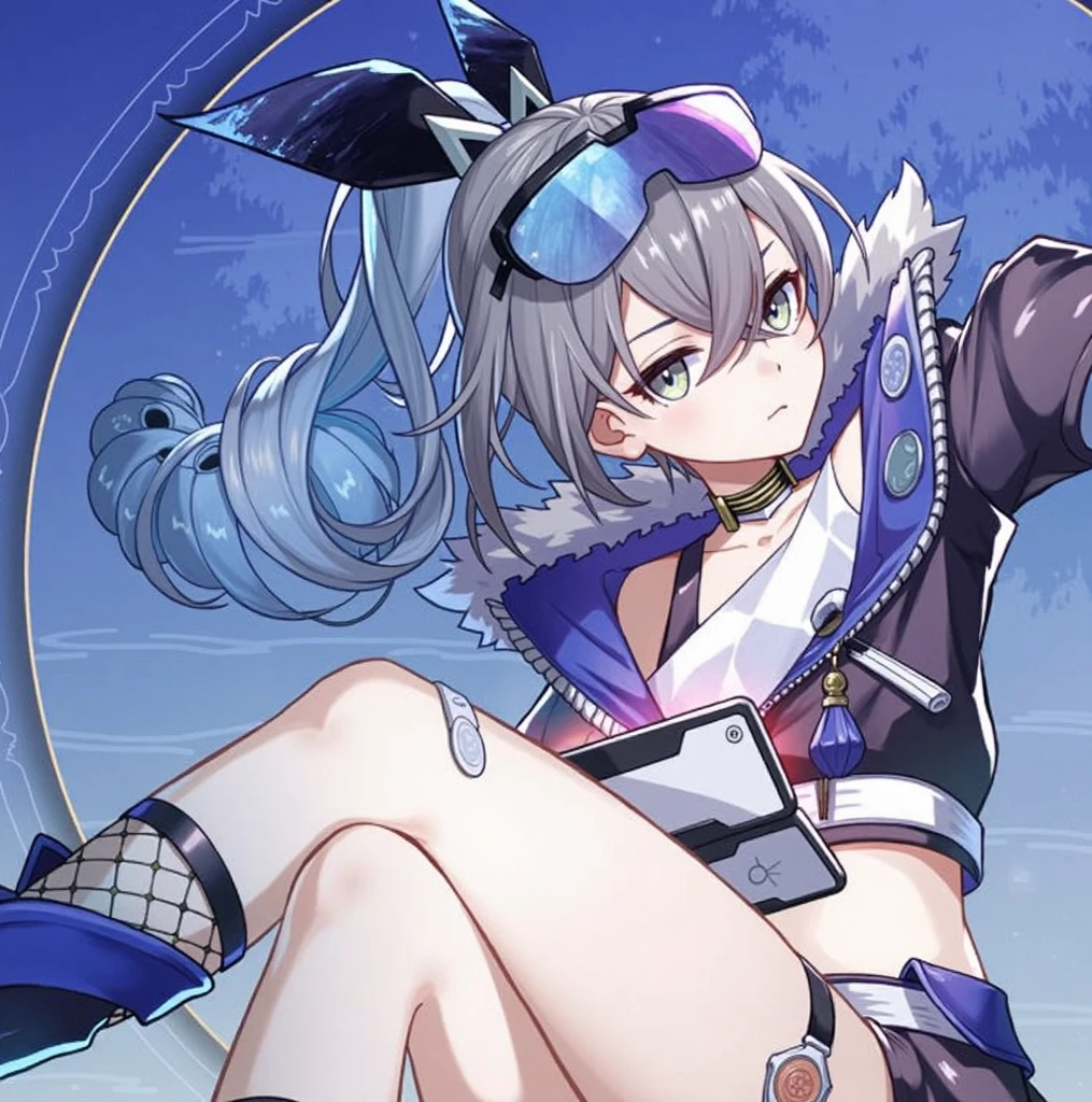 Best quality,Masterpiece,illustration,An extremely deciple and beautiful,Extremely detailed,CG,unity,8k wallpaper,Amazing,finely detail,master,Best quality,Art officiel, Highly detailed 8k unit CG wallpaper, ridicule, incroyablement ridicule, Ultra-detailed, High resolution, Very detailed, Beautifully detailed girl, very detailed eyes and face, beautiful detailed  eyes, light on the face, 1fille,Bronya Zaychik,Bronya, argent_loup, cheveux gris, Queue, yeux gris, petit_poitrine, short , tir_veste, ceinture, earrings, Pointes, Regarder le public, garter straps, collier, (nombril: 1.1), clavicule, sueur,