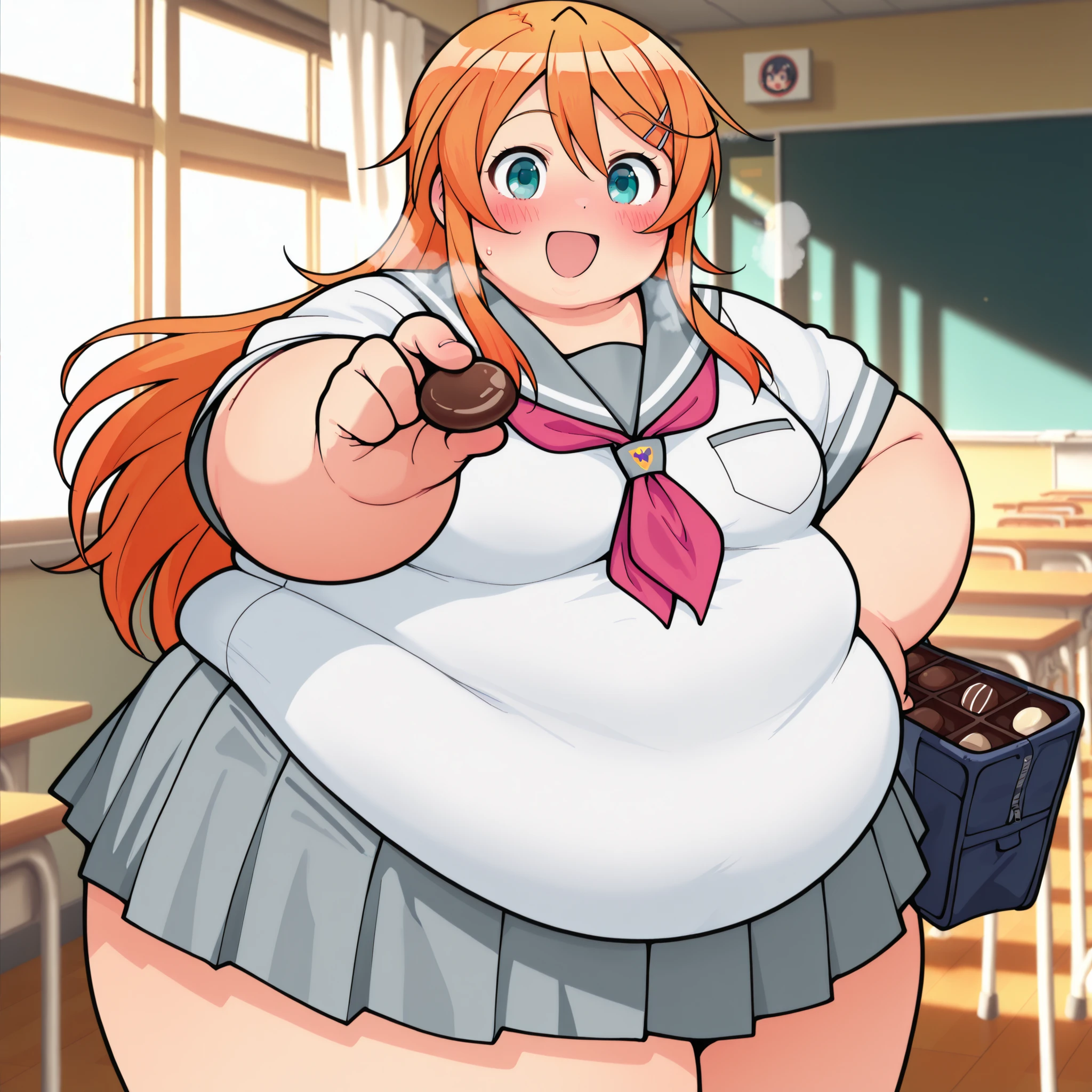 masterpiece, best quality, absurdres, amazing quality, offical art, anime screencap, official art style, anime cel shading, lineart by Mappa, 1girl, kirino kousaka, long hair, blue eyes, hair ornament, hairclip, orange hair, aqua eyes, small breasts , skirt, school uniform, serafuku, shirt, white shirt, grey sailor collar, grey skirt, pleated skirt, neckerchief, pink neckerchief
incoming food, chocolate, holding, holding chocolate, holding food, food, looking at viewer, open mouth, blush, smile , cowboy shot, solo school, classroom fat, chubby, obese, gigantic arms and legs, large breasts open mouth, out of breath