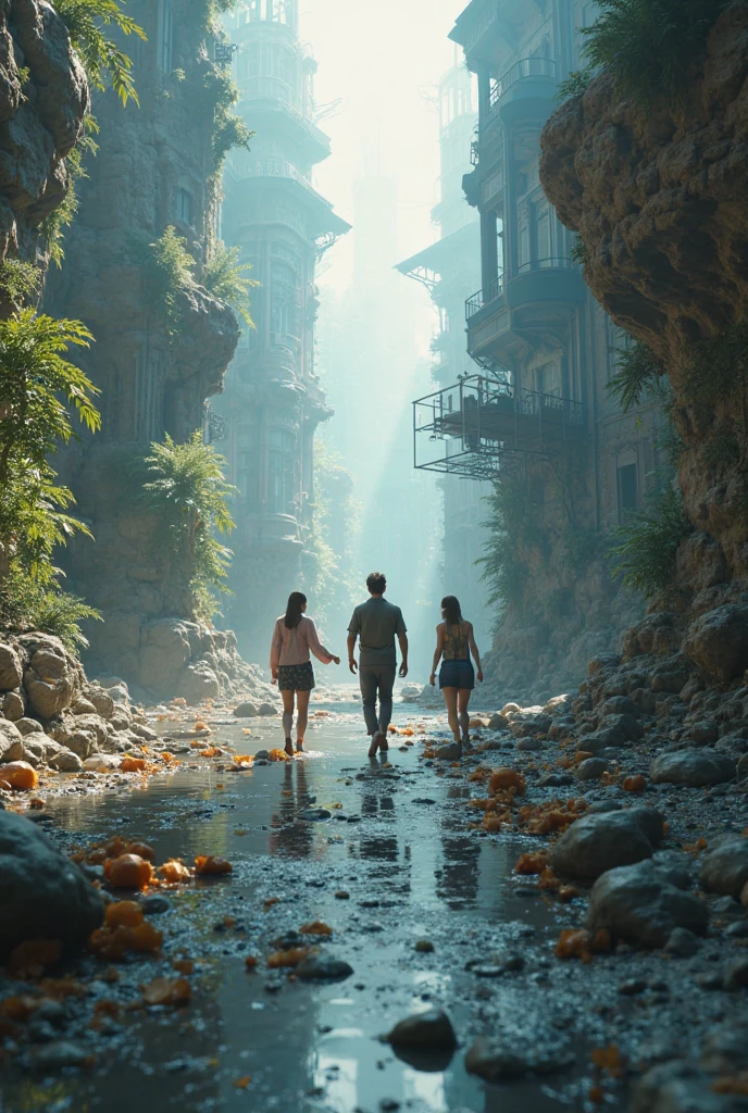 A handsome 22 year-old man wearing a mask having sports build wearing a checked shirt standing with wolf looking back. he is in a cave with a big waterfall as an entrance to the parallel universe. There are two girls standing and small elf and dragons flying in sky in background. 3d animated image.