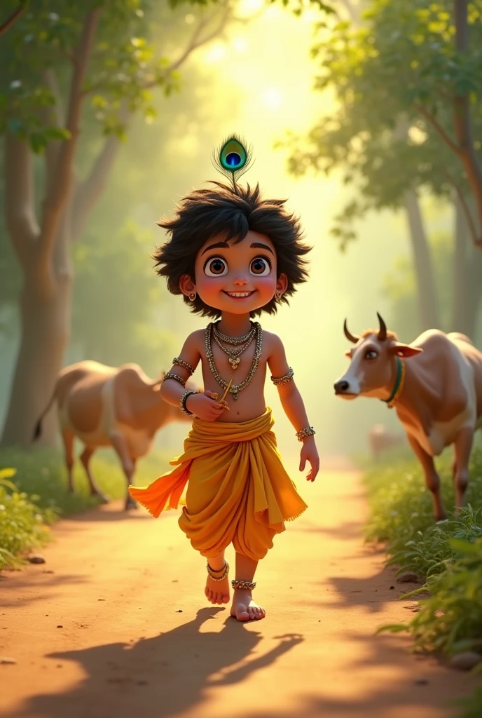 little cute krishna is standing in a village with his boys and girls friends. Village name EZHUMATTOOR is mentioned in road sign board. There are some baby cows and peacock birds nearby