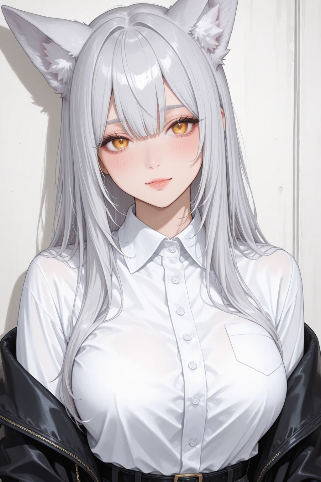 mirko mha, 1girl,solo,dark-skinned female, dark skin, large breasts, white shirt, belt , collarbone, collared shirt, formal, shirt tucked in, black pant,looking at viewer, white background, rabbit ears, rabbit girl, white hair, long hair, muscular female, red eyes, smile, happy