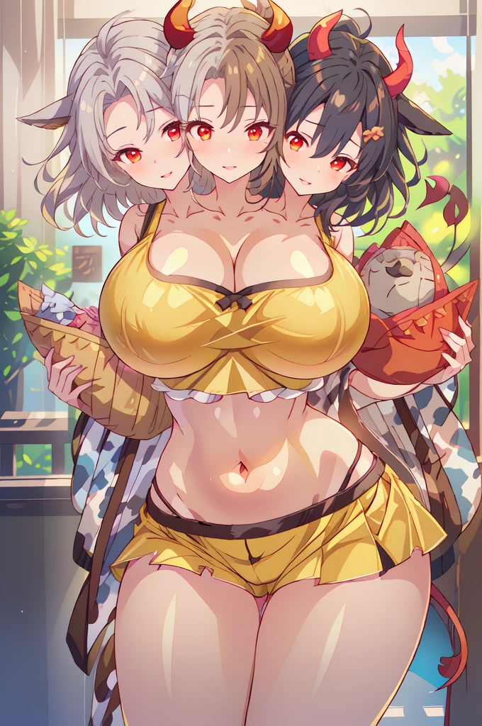 Highest quality, Super detailed, (Ultra-high resolution,8k), Ultra-high definition 4K, (Perfect Anatomy, Anatomically correct), (The three pure shrine maidens), (Detailed shrine maiden costume), ((空に舞うDandelion fluff)), (Puzzled), (High-quality facial beauty), (Photorealistic), (Detailed big breasts), Soft Skin, Glowing Skin, Bright lighting, colorful, lingerie, Dandelion fluff, shirtlift