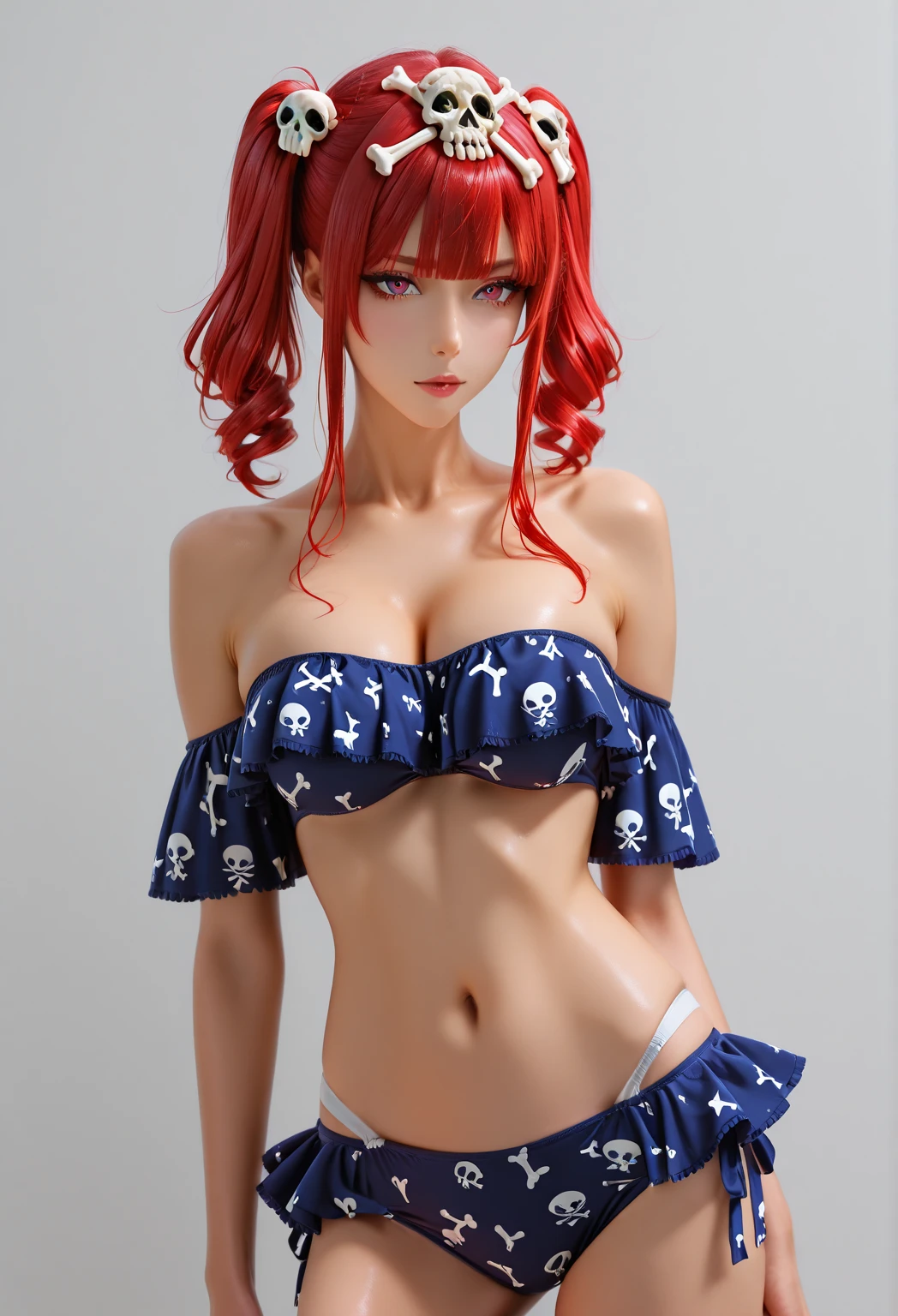 Female, tan skin, heterochromia red/white eyes, perfect split half red hair/half white hair down middle, perfect, full breast,