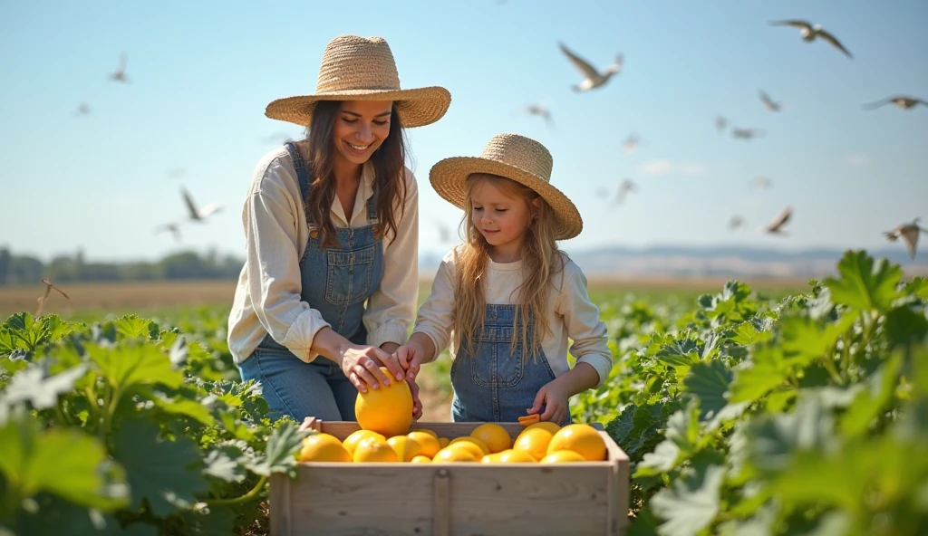 A high-resolution photo of a closeup of a BLONDE child girl with long hair, in denim overalls, white T-shirt, loose farmer's hat, looking at the camera, standing in the field of (fruit trees), holding a basket of oranges