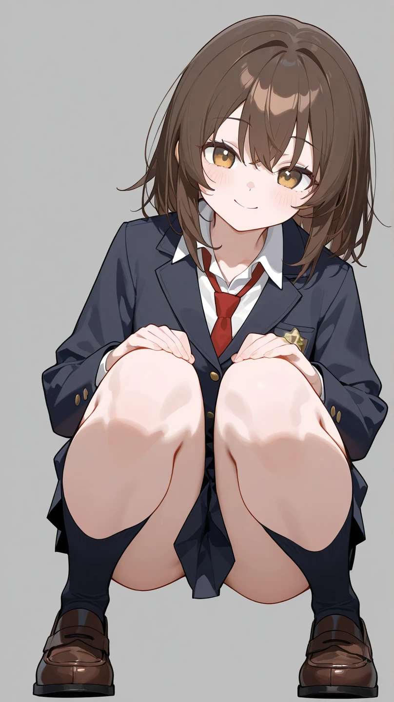 NSFW、Crouching、独奏、Toned body、Bare thighs、Crouching、squat、(Panty shot、White panties、Panties transparent with sweat、Mansuji)、（uniform、Dark blue blazer、Light blue ribbon、White shirt、Collared shirt、Grey Micro Mini Skirt Grey、Grey Pleated Skirt Grey）、シャツ越しに透けたBig Breasts、(short hair、Brown Hair、Barrette、hair ornaments)、(Brown eyes:1.5)、(yuihirasawa、yui hirasawa、Yui Hirasawa)、Big Breasts、Women&#39;s High、classroom、独奏