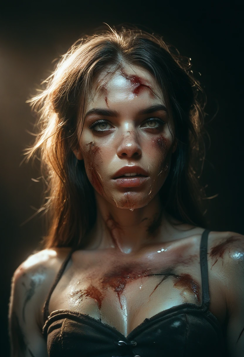 a cute girl, (epic portrait:0.85), flowing hair, sweaty skin, night, [[soft cinematic light, adobe lightroom, photolab, hdr, intricate, highly detailed, ]], ((by brian m viveros)), (depth of field), epic realistic, (bloodpunk:1.2), gore, black hip pantyhose, full body