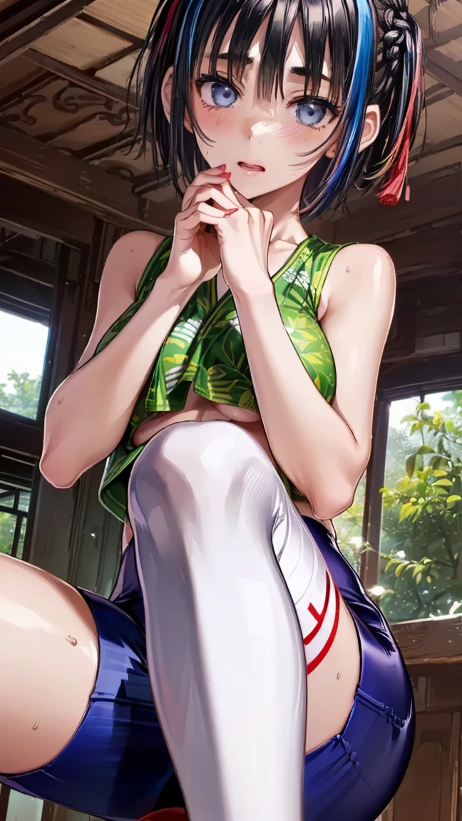 1girl,SFW,hatching (texture), shirt,short sleeves,shorts,,ponytail,sitting, indian style, electric fan,indoors,veranda, tatami, arms up,hands behind head,tying hair,leaning forward, barefoot, sweat blurry background,in summer, hot,from above,masterpiece, best quality, high resolution, 4k, ultra high resolution, highly detailed, highly detailed, beautiful eyes, beautiful hair, beautiful side, beautiful skin,shiny skin,good hands,,curvy,large breats,tamaki,(Mole under left eye),Cosmic eyes