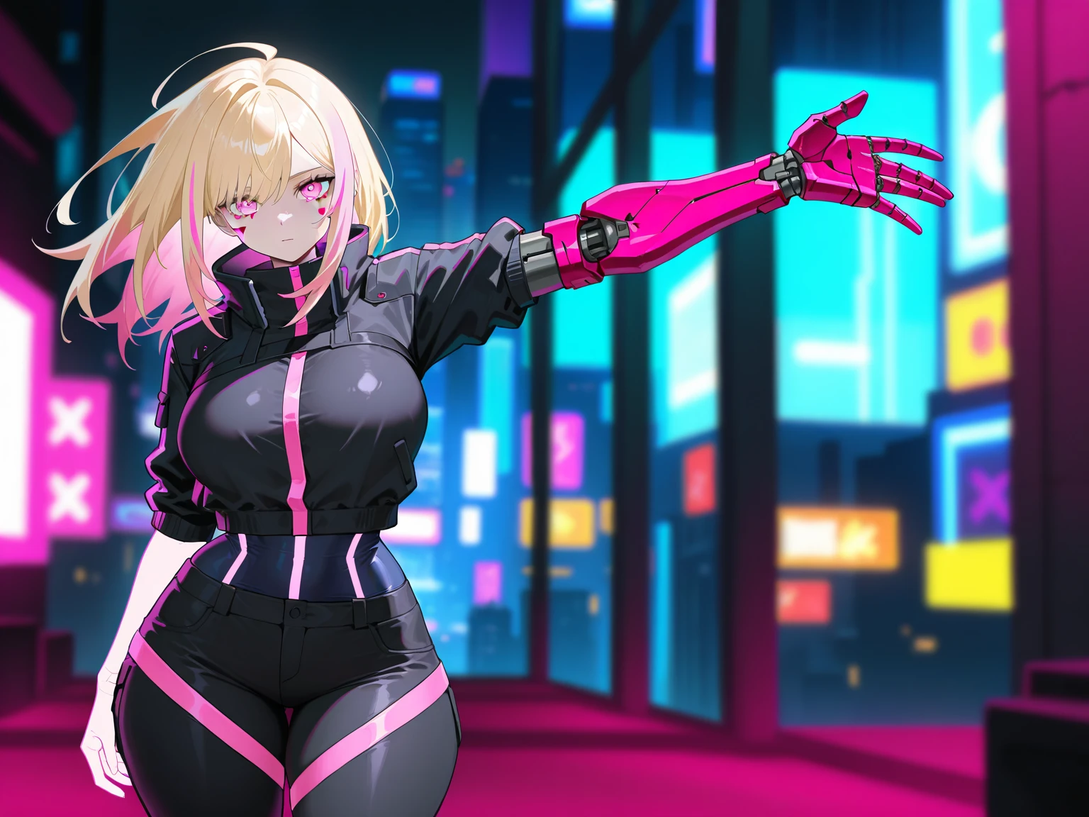 Night city、skyscraper jump、Vibrant poses、Colossal tits、gargantuan butt、spark of light、evil smile、I have a wad of money、rubbersuit、Multiple people、a blond、Pink hair、black hair tattoo on forehead、Tattoo of a heart、Eye highlights are gone、Evil Organizations、Pubic hair shows through