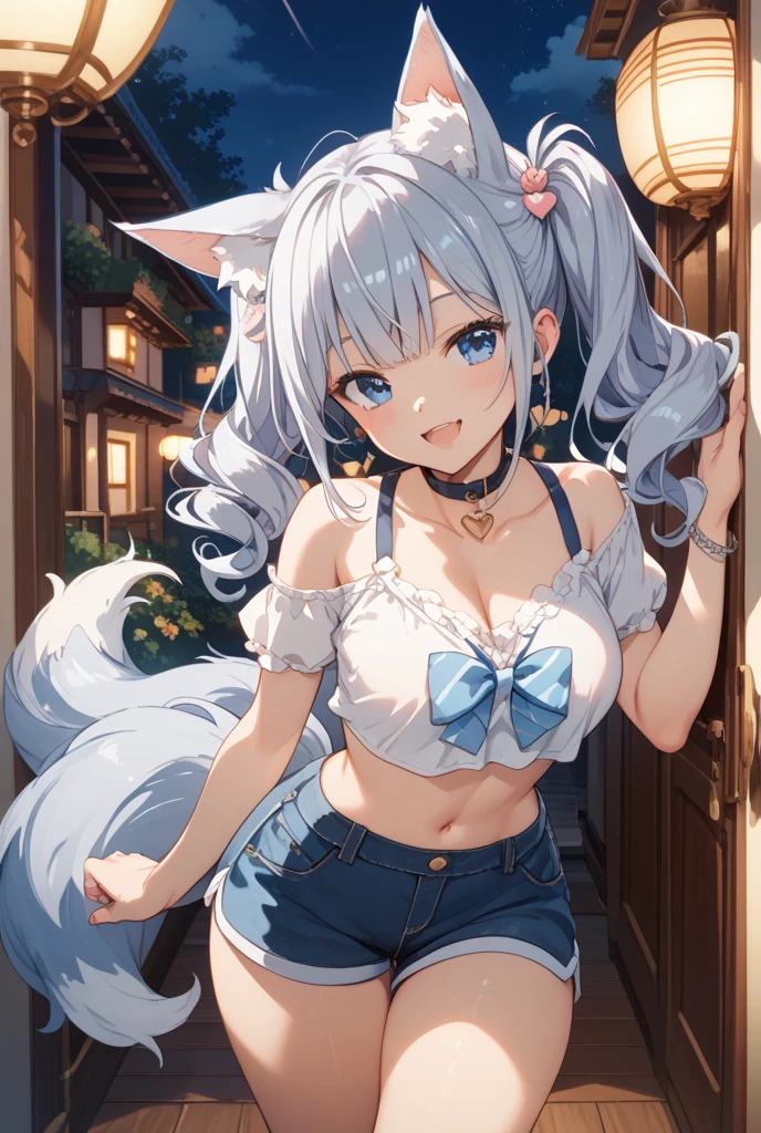 NSFW,masterpiece,Highest quality,High resolution,Super detailed,Shirakami Fubuki\(Hololive\),Gray Hair、One-sided braid、Ahoge、Earrings,Fox ears,Fox tail,Jacket,Crop top,Shorts,Embarrassed,blush,Expecting face,Seduce,smile,Lingerie Shop,High quality lingerie store,Date
