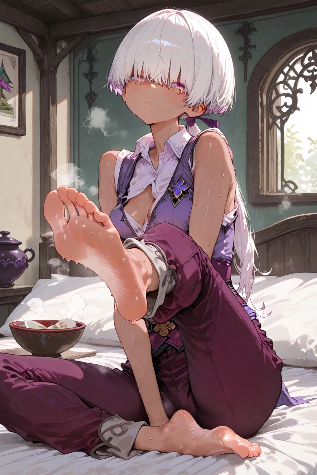 (masterpiece:1.2, Best quality), (real picture, complex parts), 1 girl, One, upper body, legs facing camera, bare soles showing legs, legs, palace, palace settings, long hair, minimal makeup, detailed face, very long blonde purple blonde hair, big plump breasts, big ass, SFV, cloth, Royal outfit, showing soles, showing legs, legs, correct foot anatomy, (palace of queen), (palace), (foot), (legs), (showing legs), (five toes each foot)