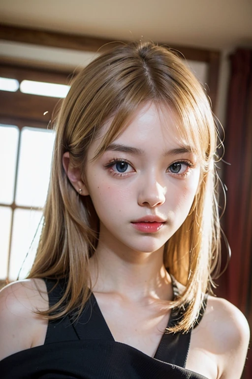 one girls:1.5、Cute baby face、Japanese、14 years old,Brown hair、parfect anatomy、Red Eye Shadow、red lipsticks、slightly pink cheeks、de pele branca、ash blonde、Black Dress、Eight-headed body、small tits、Unique hairstyle、a choker、top-quality、ultra-detailliert、High quality detailing、portlate、masterpies