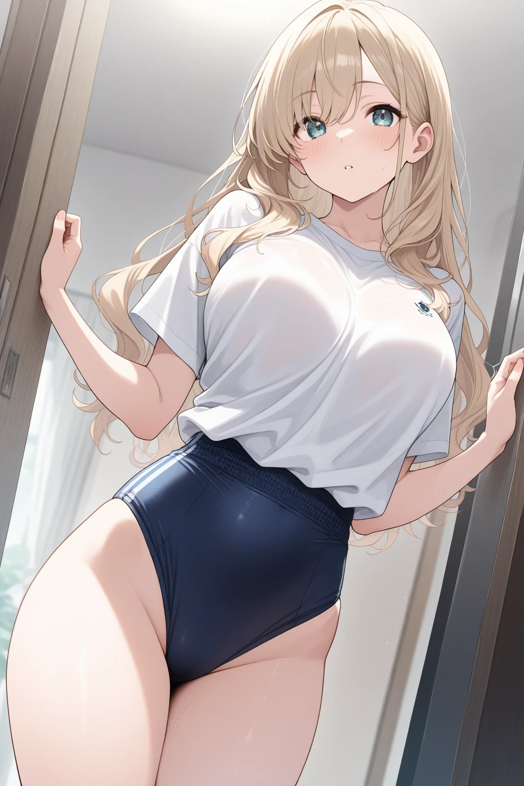 (masterpiece、high quality、high resolution、Detailed people、Detailed Background),(Young short girl:1.5, 、Big muscular black man:1.3, Oversized plain inseam length t-shirt:1.5、A girl、Open the front door and wave to the viewers while looking at them., Thin thighs,
,Slim body、 girl:1.5 , Man's evil smile:1.2), Off the shoulder, Short sleeve、No underwear、Black Hair, Sunburn, Saucy, blush,
((Half-naked muscular black man puts his hand on girl's shoulder)),Man with vulgar smile:1.5. Absurd Solutions, Very detailed, 最high quality, Cute illustrations,((steam,sweat))、