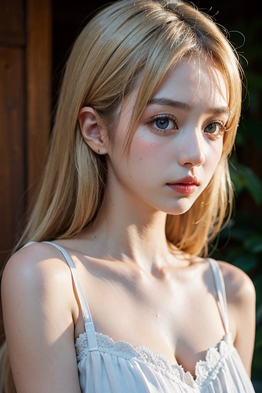 Tight black and orange top:1.2, looking at the audience, movie theater lighting, perfection, soft light, High Resolution Skins:1.2, realistic skin texture, 18-year-old、small face、professional makeup,Show your shoulders,Bust C cup、blue eyes, good, shining blonde hair、Completely naked、gray background、I can see the abdomen、cute smile,