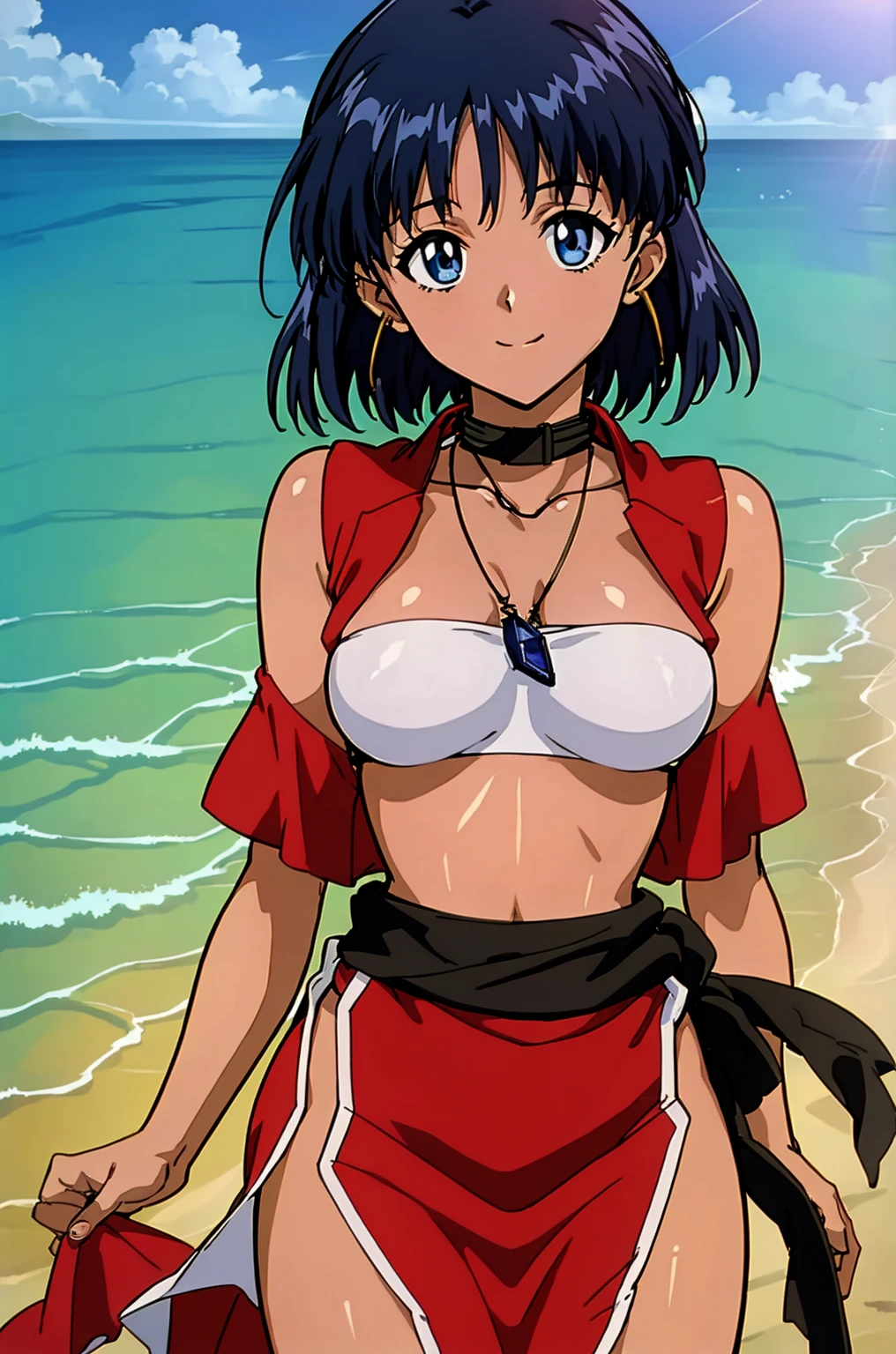 Kimetsu no Yaiba style Water Hashira, a woman in a red bikini top and a dark blue Demon Slayer Uniform is standing in the water, black/blueish - haired, hair ornament, blue eyes, gentle expression, anime coloring, high detail, high contrast, dark colors ((masterpiece)