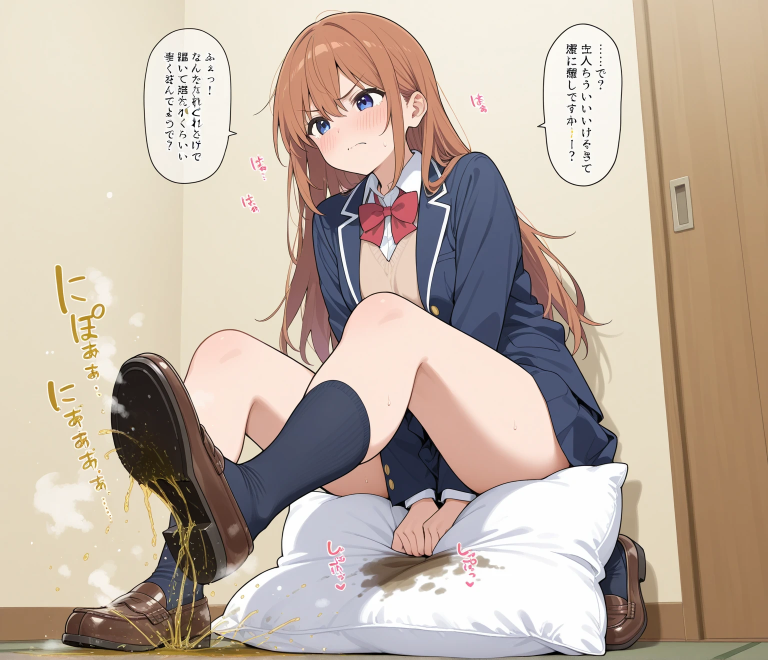 alone, Yuuki Asuna, ((masterpiece)), High resolution,Bright orange hair、vapor、Spread your legs、classroom、Sailor suit、((Wet white panties))、Touching the thigh with your hand、Comic book style、2Being molested by a man、Handjob