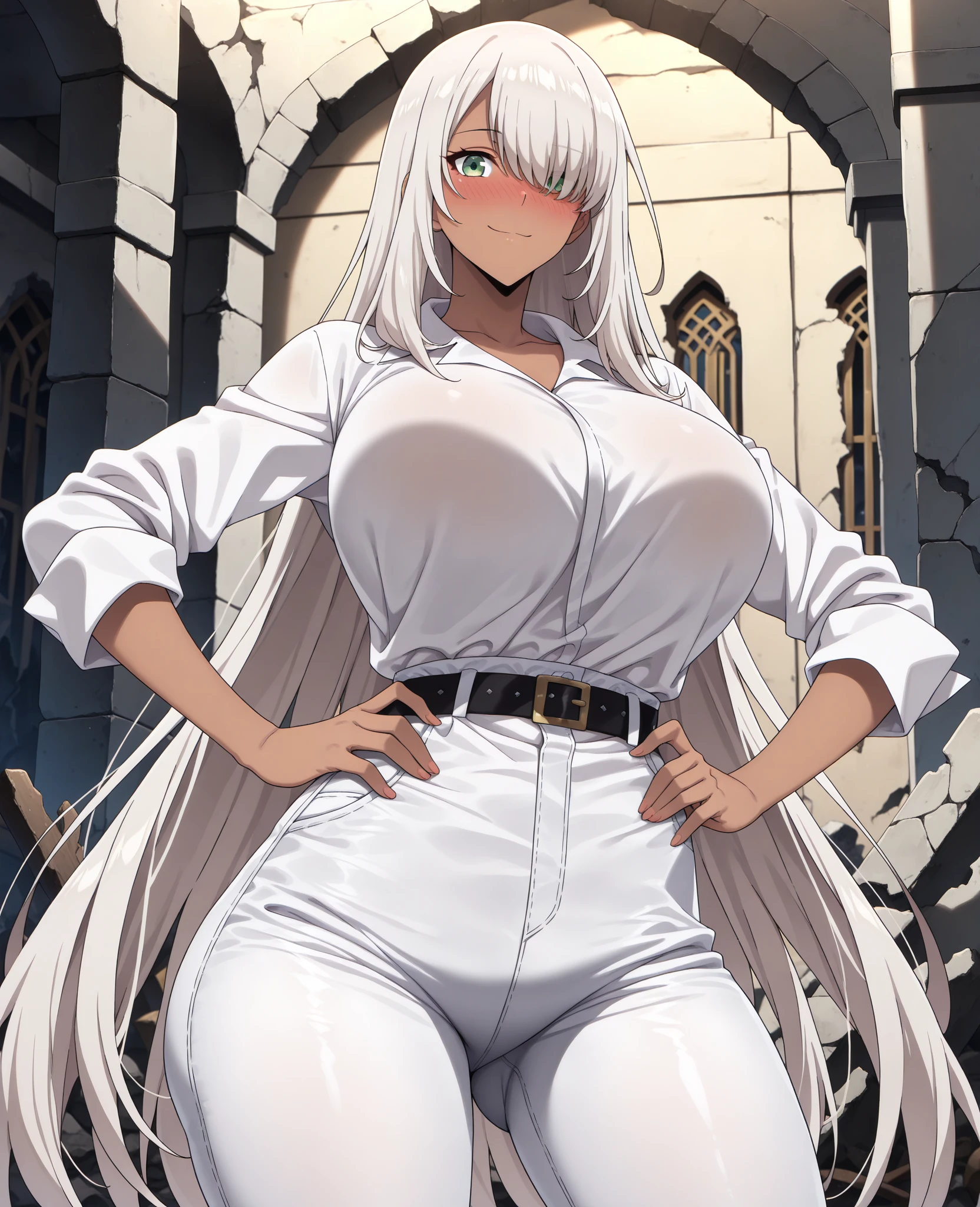 tmasterpiece, Best quality, Long gray hair, Blonde hair, eBlue eyes, Large breasts, Indoors, window, Wide hips,vup vertical painting,Sit Pose,Bareleged,high-heels,Expose the soles of your feet,Full body photo,With long bangs,sword sisters