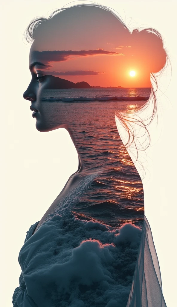 high quality, 8K Ultra HD, A beautiful double exposure that combines an goddess silhouette with sunset coast, sunset coast should serve as the underlying backdrop, with its details incorporated into the goddess , crisp lines, The background is monochrome, sharp focus, double exposure, by yukisakura, awesome full c