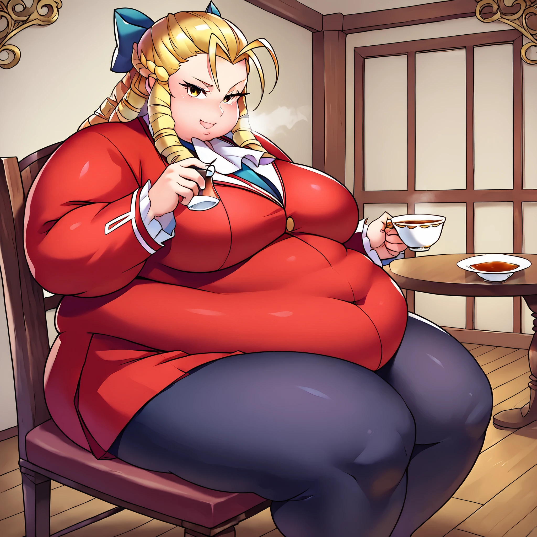 score_9, score_8_up, score_7_up, best background, detailed background, 4k, upscale, anime_source, Kanzuki Karin, Main Outfit, solo, looking at viewer, smile, holding, closed mouth, sitting, food, cup, chair, table, holding cup, teacup, on chair, tea, hair pulled back, indoors, fat, chubby, obese, gigantic arms and legs, large breasts open mouth, out of breath