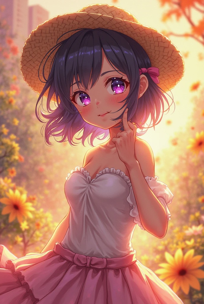 (highest quality:1.2, Very detailed, up to date, Vibrant, Ultra-high resolution, High Contrast, masterpiece:1.2, highest quality, Best aesthetics), Portraiture、girl、solo, (25-years-old:1), slim, heterrochromia, green eye, red eye, ((wearing a straw hat:1.5)), extra short hair, ((bob cut:1.5))、pink and purple, ((streaked hair:1.9)), (highlights hair: 1.6), sky blue sun dress, (medium breast:0.7), (tan skin:0.5), (happy:1), ((walking:1)), white birch forest, great outlook, blue sky, Bright colors、Beautiful fine details、Beautiful lip detail、cowboy shot:1