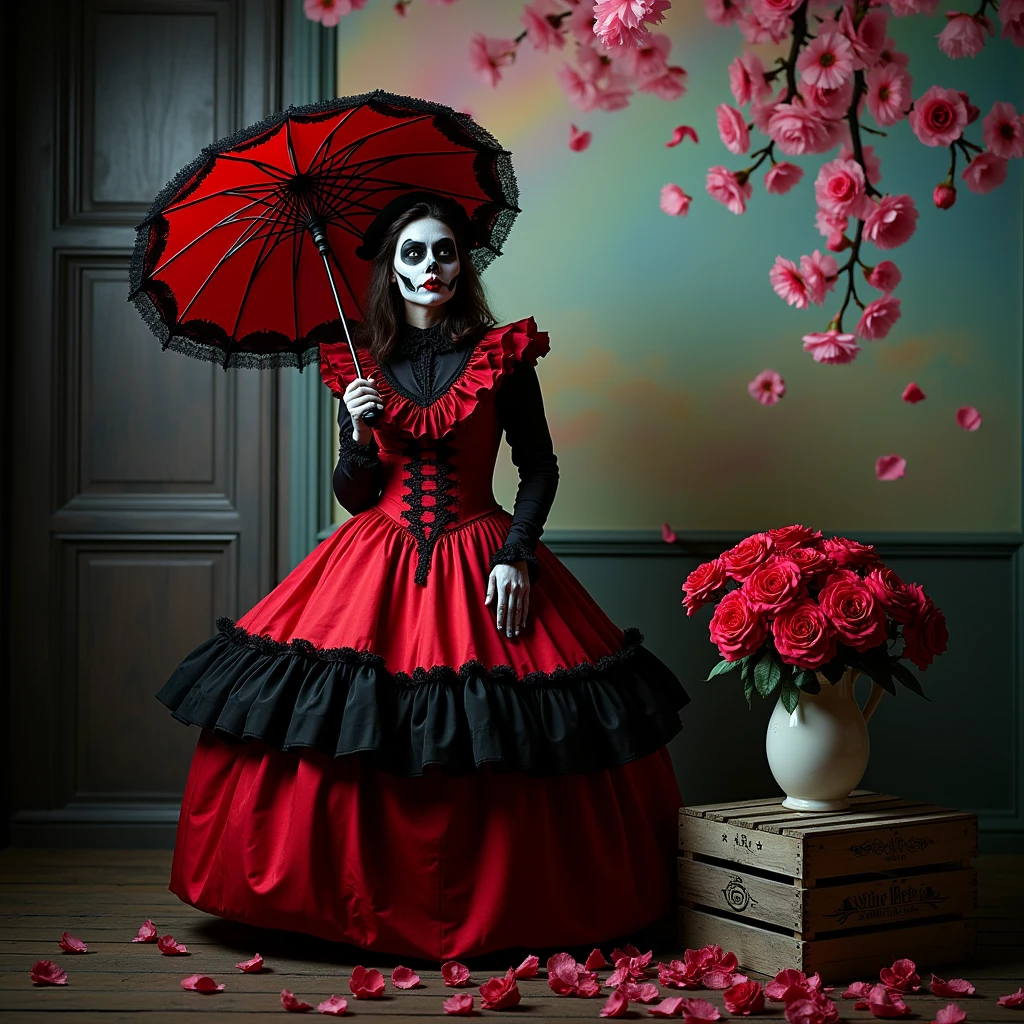A figure in a dramatic red and black ruffled dress poses diagonally across the frame against a transitional background that shifts from a realistic dark wood-paneled interior to a painted pastel rainbow sky with floating pink cherry blossom petals. The figure wears elaborate skeleton face paint with black and white details, holding a matching red parasol trimmed with black lace in their right hand. A weathered wooden crate sits in the lower right corner, displaying a ceramic vase filled with fresh red carnations, while individual rose petals in shades of pink scatter across the dark wooden floorboards. Studio photography with dramatic lighting and sharp focus, seamlessly blended with digital art elements in a Gothic Victorian aesthetic.