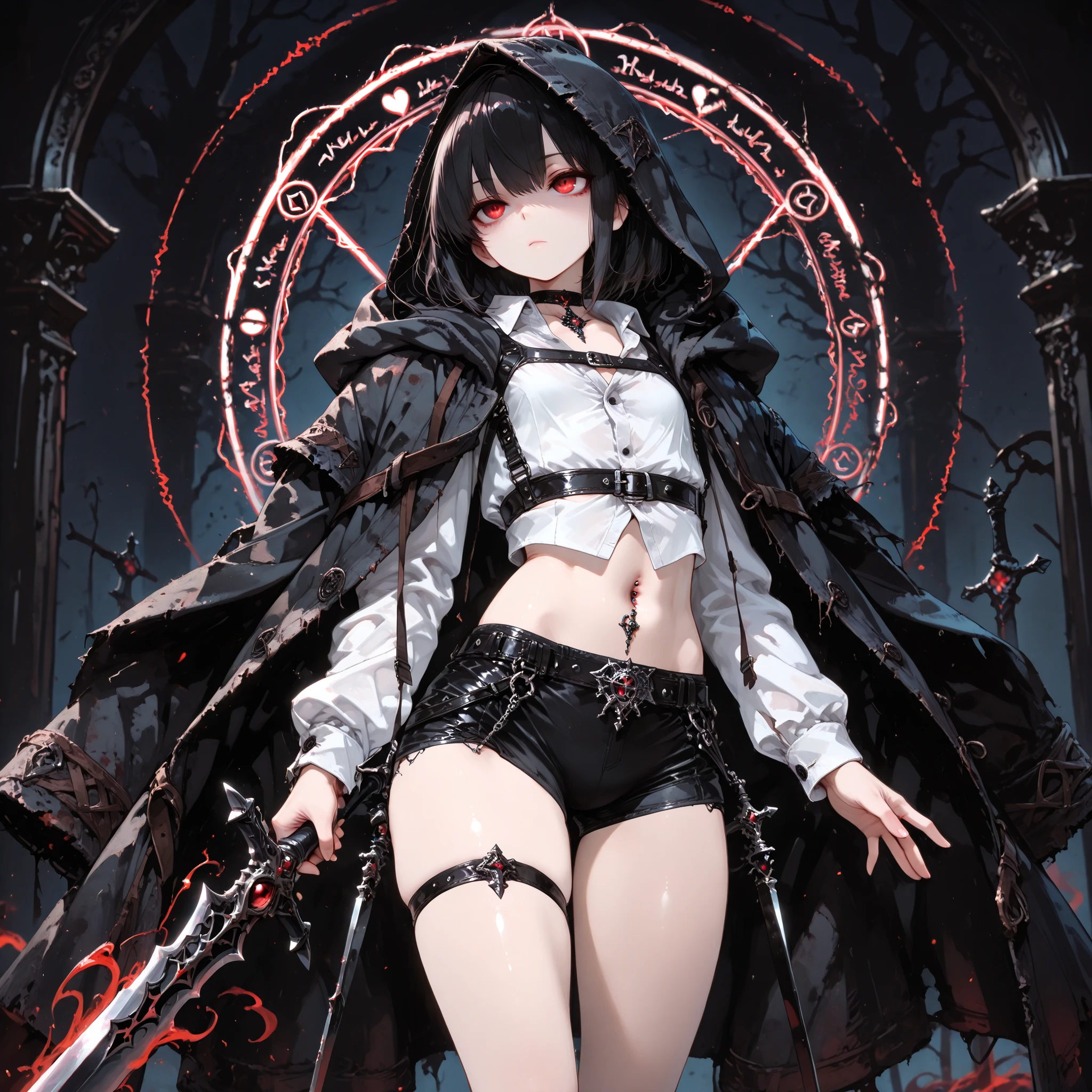 ((best quality)), ((masterpieces)), (detailed), perfect face, SOLO, ((((femboy)))), tomgirl, ANIME, beautiful detailed eyes, BOB hair, BOBed hair, BLACK hair, RED EYES, expressionless, hooded, Magical Eyes, dark background, ((BLACK HOODED coat draped over shoulders)), ((flat chest)), magic circle, ((HOODED coat )), ((hooded head)), ((dress shirt)), short black shorts, bare thighs, ((Flat chest)), bailing_magic_circle, choker, Cursed Sword from Encyclopedia, holding sword, Sword Stances, thigh strap, ((midriff)), (black harness strap), Crop top, navel piercing