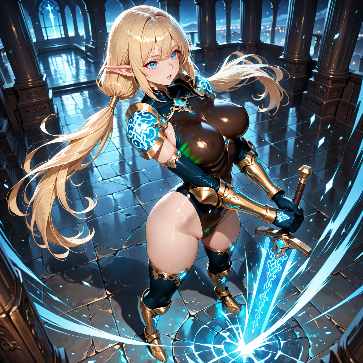 Draw Samantha, a female character with blonde hair reaching down to her waist, blue colored eyes. She is in astral projection in a magical dimension, floating between leafy trees. She is manipulating water elemental magic producing a water bubble between her hands. Dressed in sexy light blue armor. small breasts and thin waist, big ass and hot thighs. Floating between trees. Long hair reaching to the waist. sexy warrior clothes. big and perky ass. coastal view. Using the light armor of a hot warrior. View from behind holding a sword between her hot ass. Naughty thong entering the big hot ass.