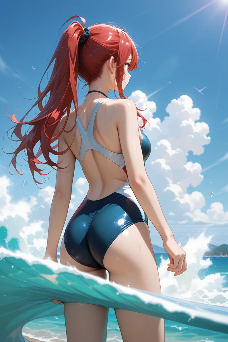 low angle shot,shoot down and up、Back photo。Kneel behind、Show her ass,actual、Super high chroma、8k、Long red hair(((30 year old woman)))、((((She is wearing a red competition swimsuit。))))、competitive swimmer、big breasts、Thick thighs、Pay attention to muscle development。競泳プールolympic Comcompetitive swimmerics stadium, Highly detailed face and skin textures,(natural cheeks, skin shiny, White skin,, (glossy lips: 1. 4),Sweating 1.0、(((vitality)))